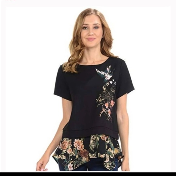 W5 Floral Embroidery Boho Asymmetric Hemline Contrast Top - Picture 6 of 6
